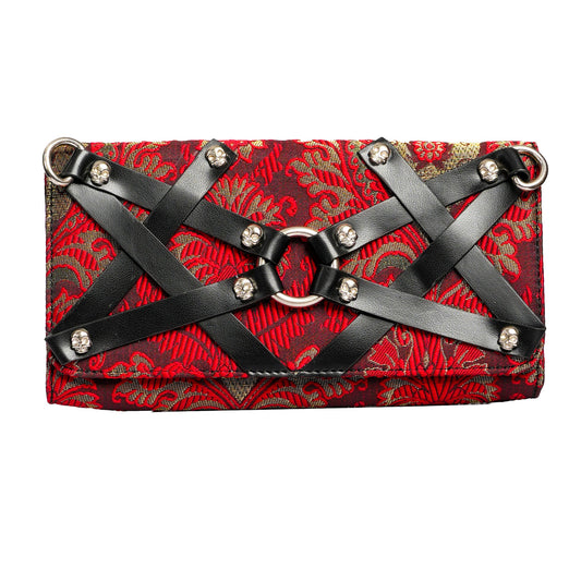 Faux Leather and Red jacquard Fusion: Wholesale Edgy Skull-Studded Clutch