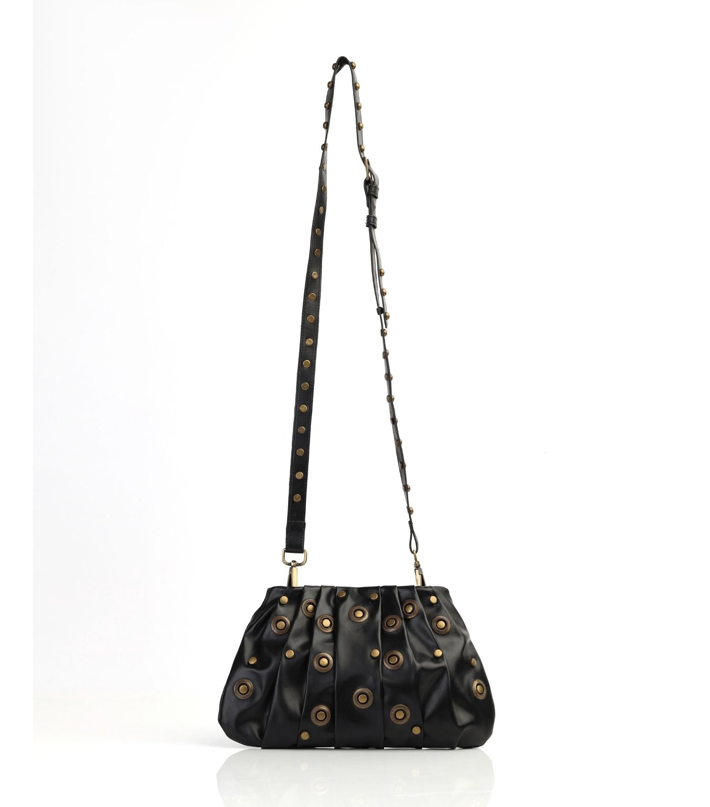 Studded Black Leather Clutch Purse with Matching Strap