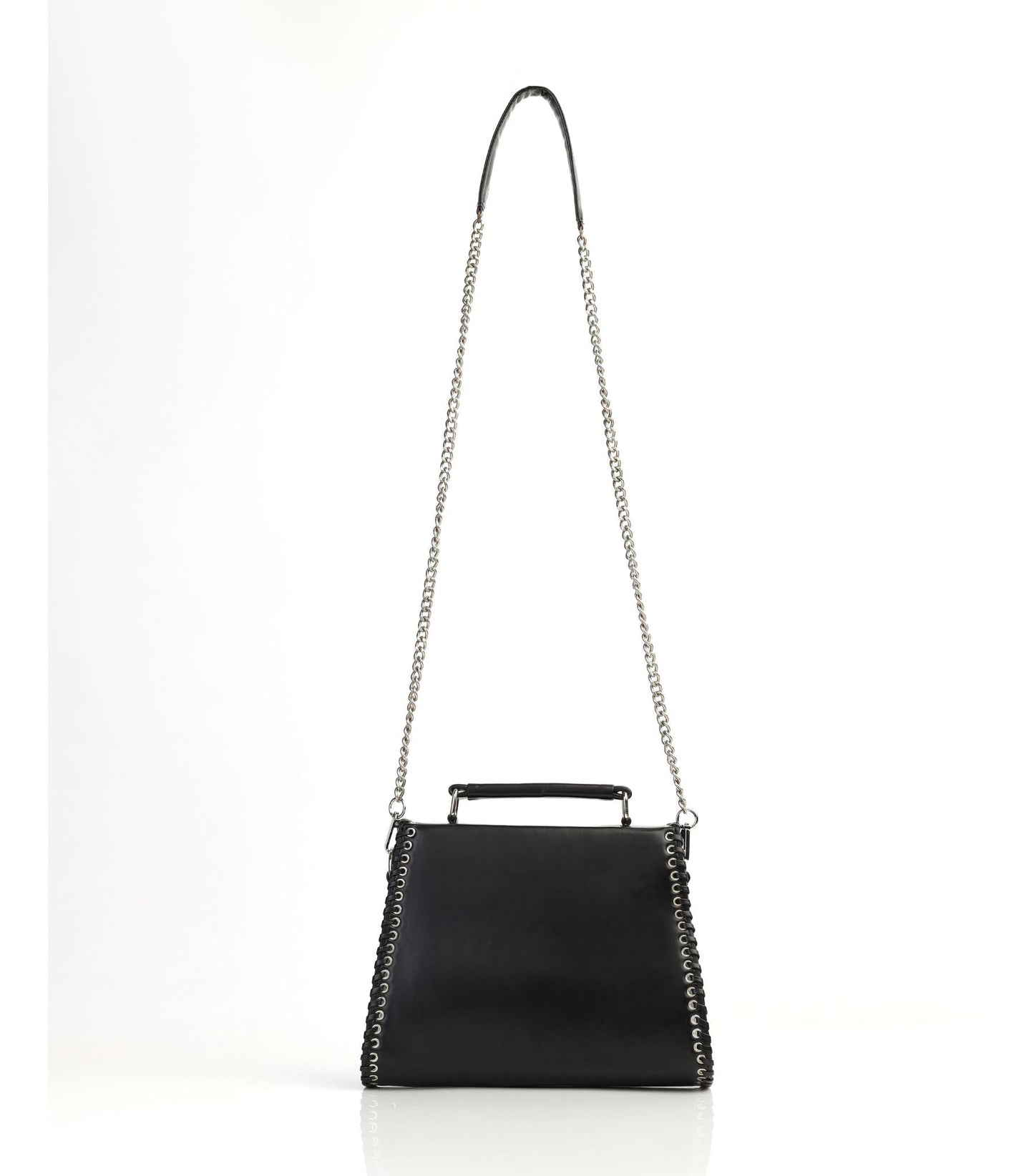 Floral Hand-Embroidered Black Faux Leather Top Handle Bag with Eyelet Design