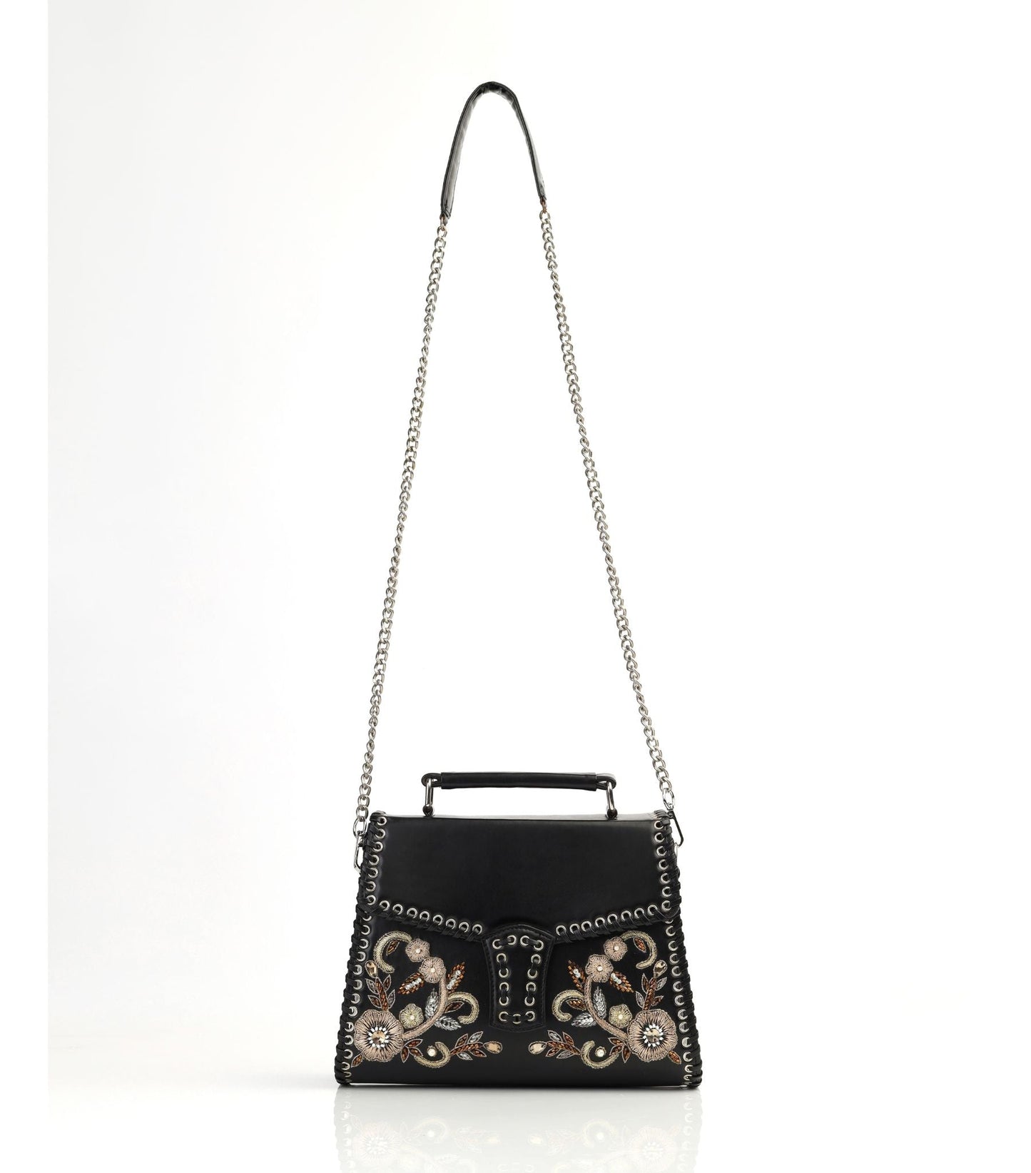 Floral Hand-Embroidered Black Faux Leather Top Handle Bag with Eyelet Design