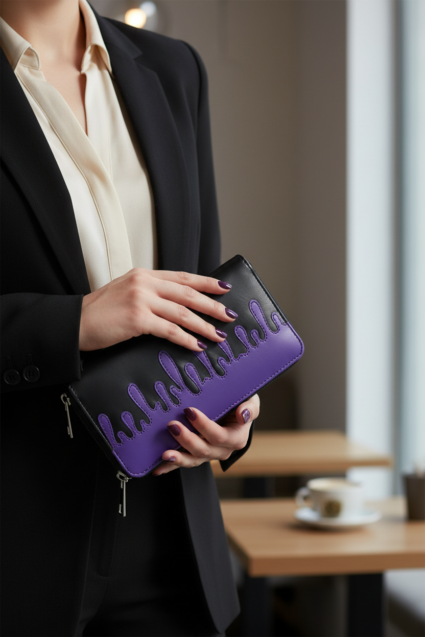 Black and purple wallet with a zipper on a white background