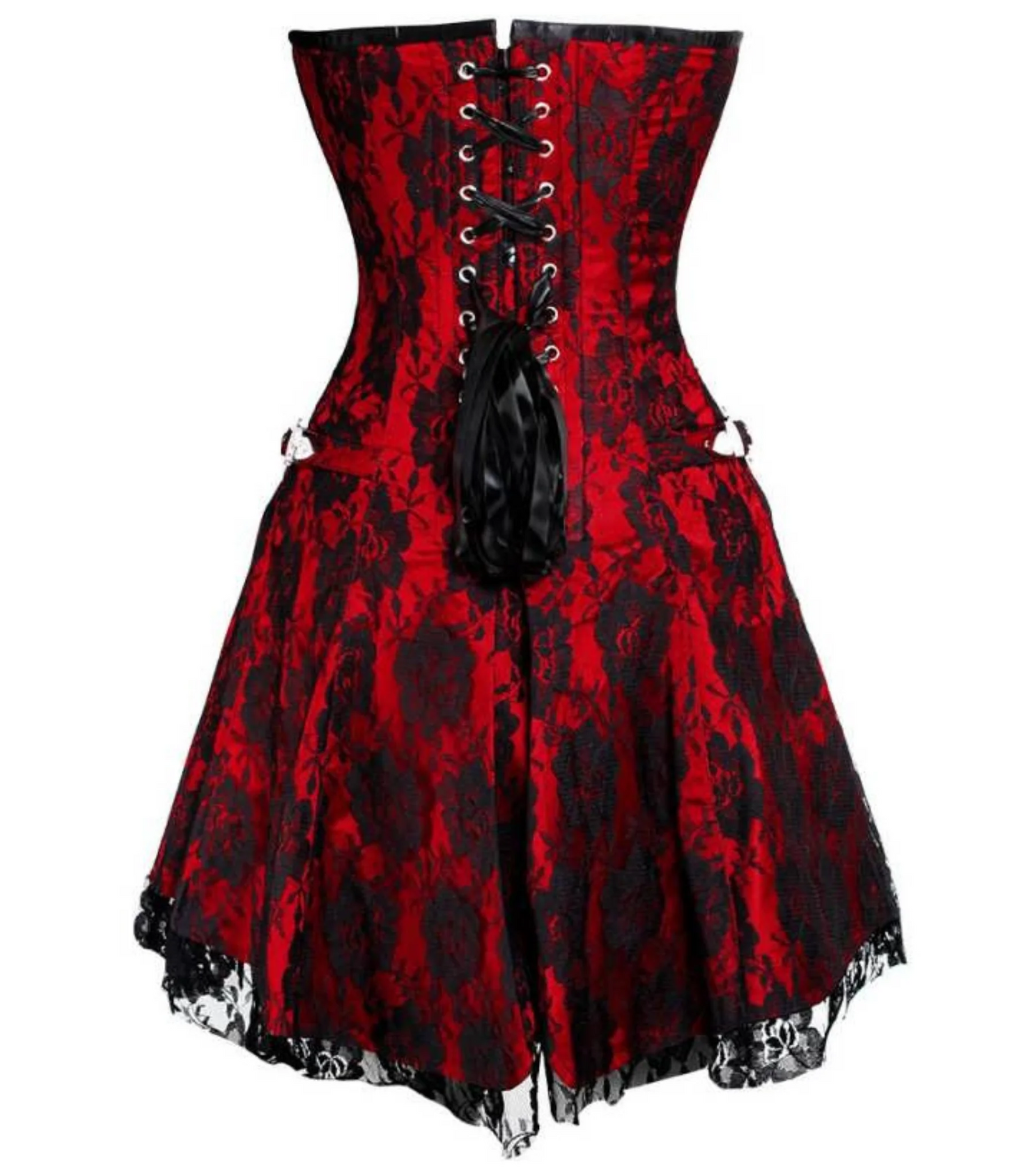 Red and black floral Gothic corset dress with sweetheart neckline and silver buckle detail