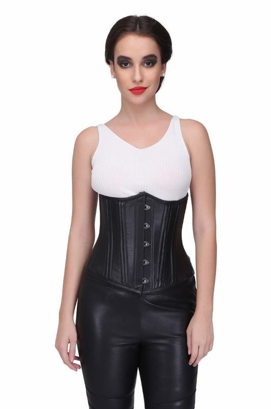 Black Steel Boned Waist Training Unterbrustkorsett aus echtem Leder