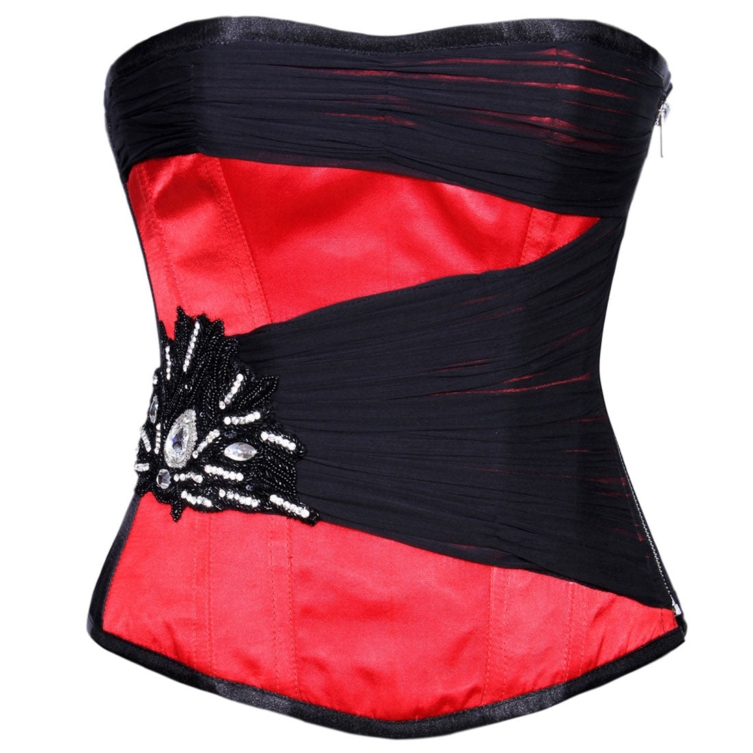 AUTHENTISCHES ROTES SATIN-ÜBERBRÜSTEKORSETT MIT STAHLSTAB
