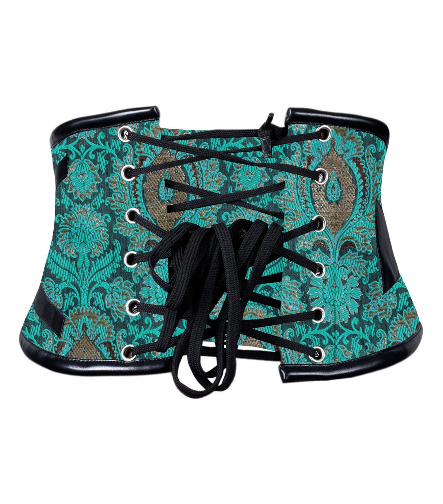 A waist trainer corset with a teal and brown paisley pattern, black laces, and black trim, shown against a plain white background. Aetheria Teal Brocade Steampunk Waspie Corset with C-Lock & Leather Straps