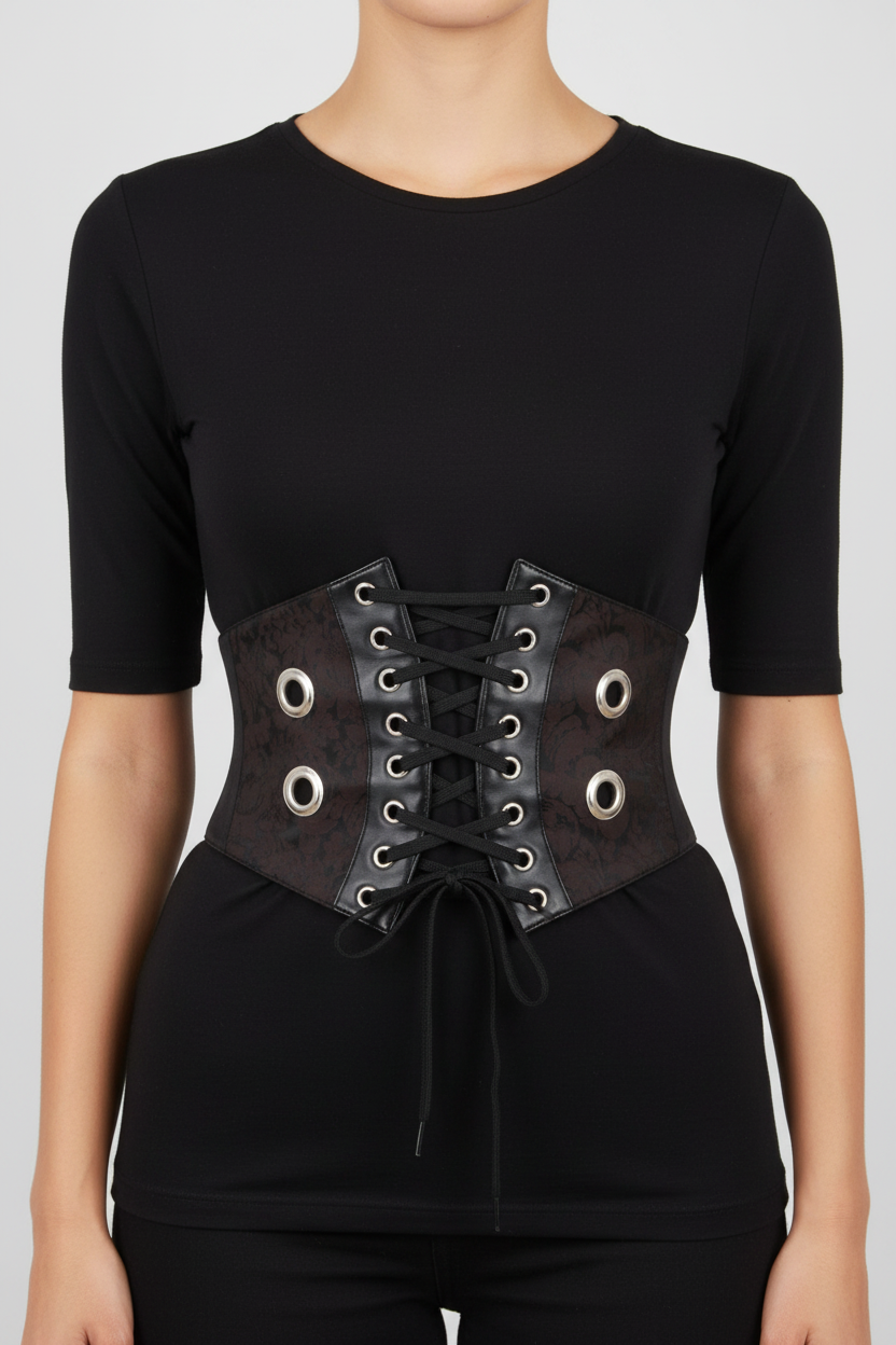 Women's Dark Brown Brocade Front Lace Corset Belt | Steampunk Underbust Waist Cincher with Large Eyelets & Easy Back Zip