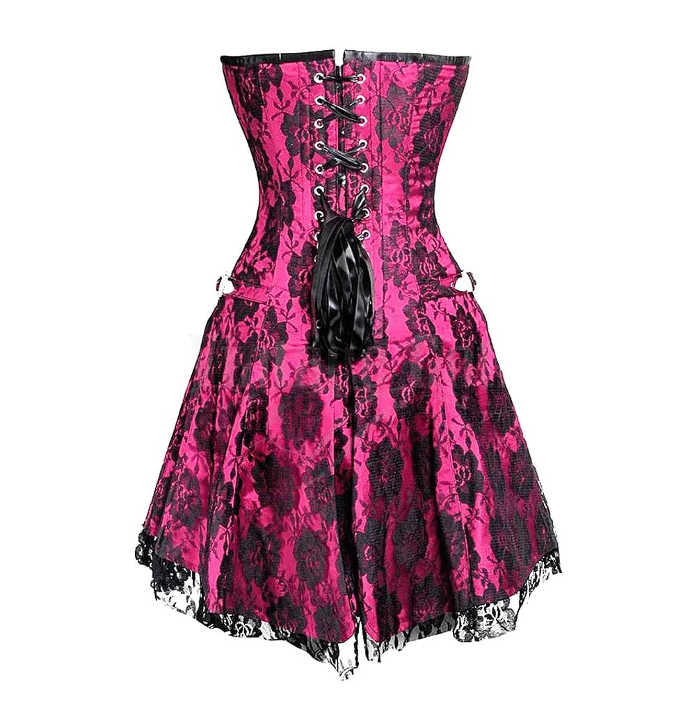 A pink and black lace corset dress with a fitted waist, black lace-up back, and flared skirt, shown against a plain white background.