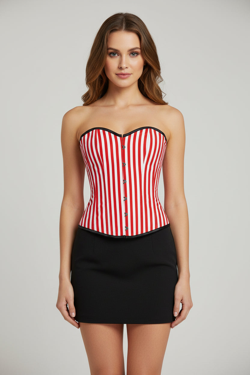 A white and red striped overbust corset with metal busk front opening and lace detailing.