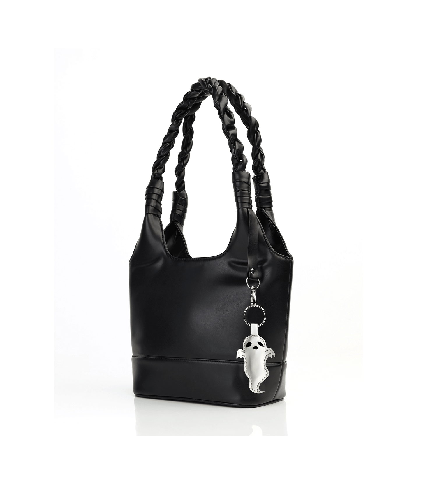Women's Black Faux Leather Shoulder Bag with Braided Strap