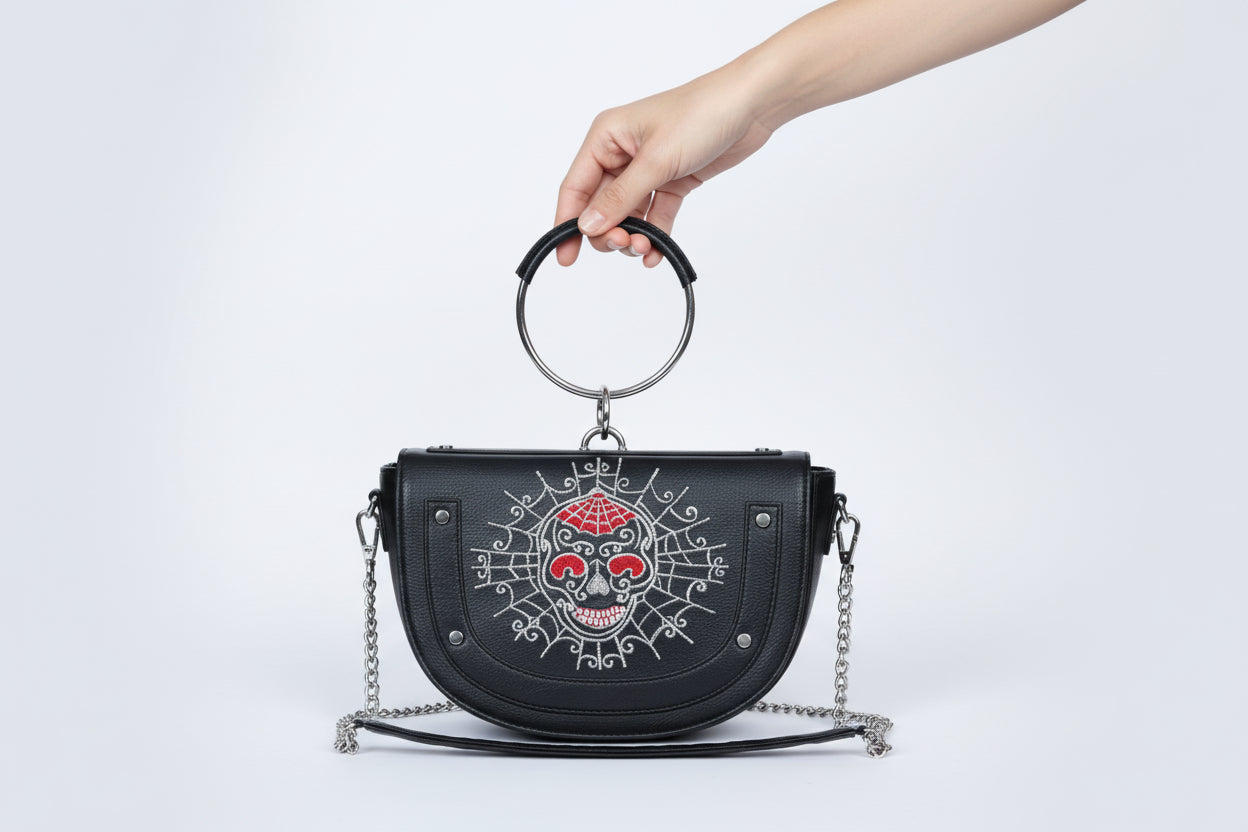 Black Faux Leather Skeleton Embroidered Sling Bag/Purse
