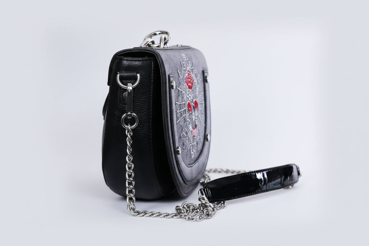 Black Faux Leather Skeleton Embroidered Sling Bag/Purse