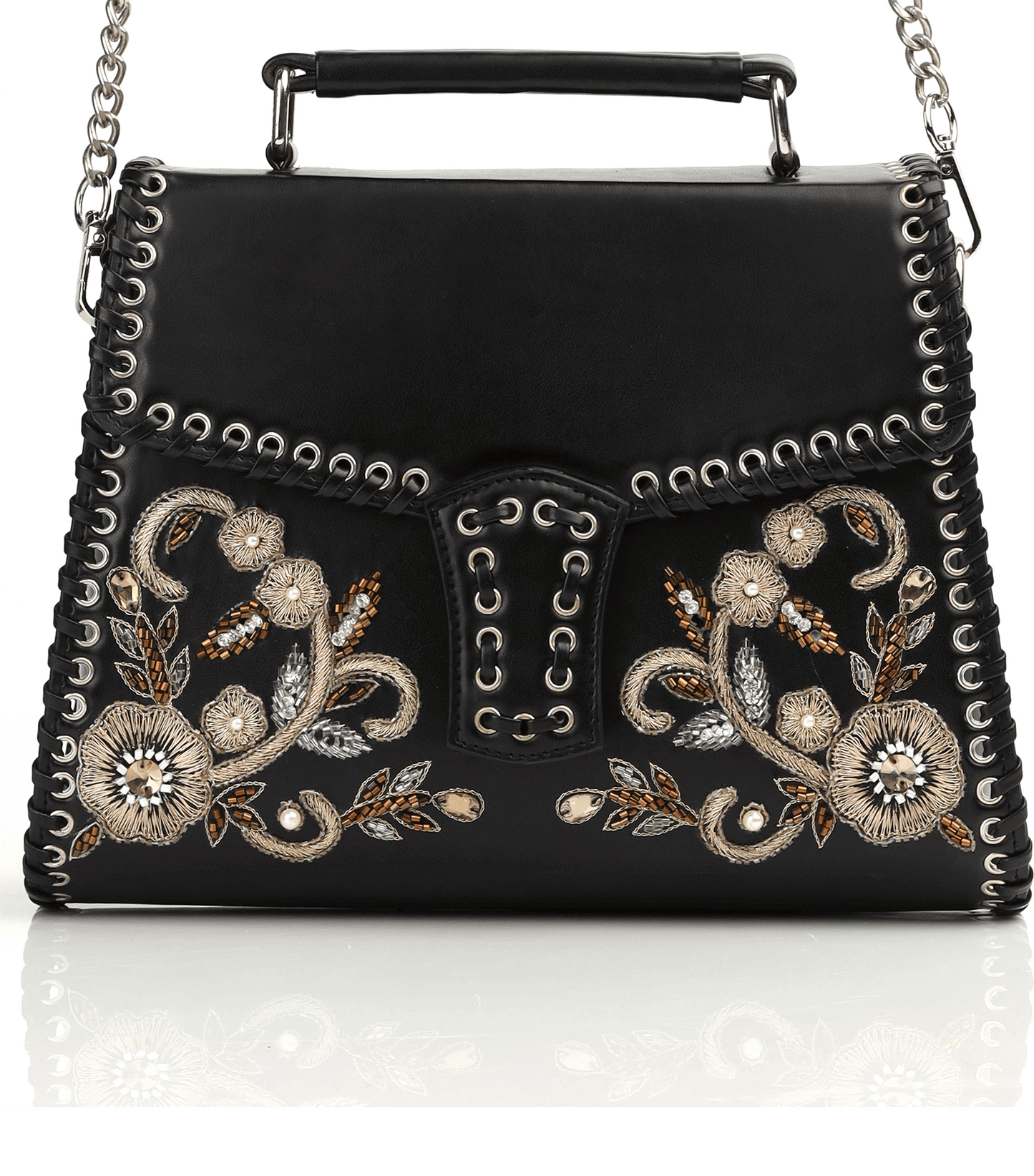 Floral Hand-Embroidered Black Faux Leather Top Handle Bag with Eyelet Design