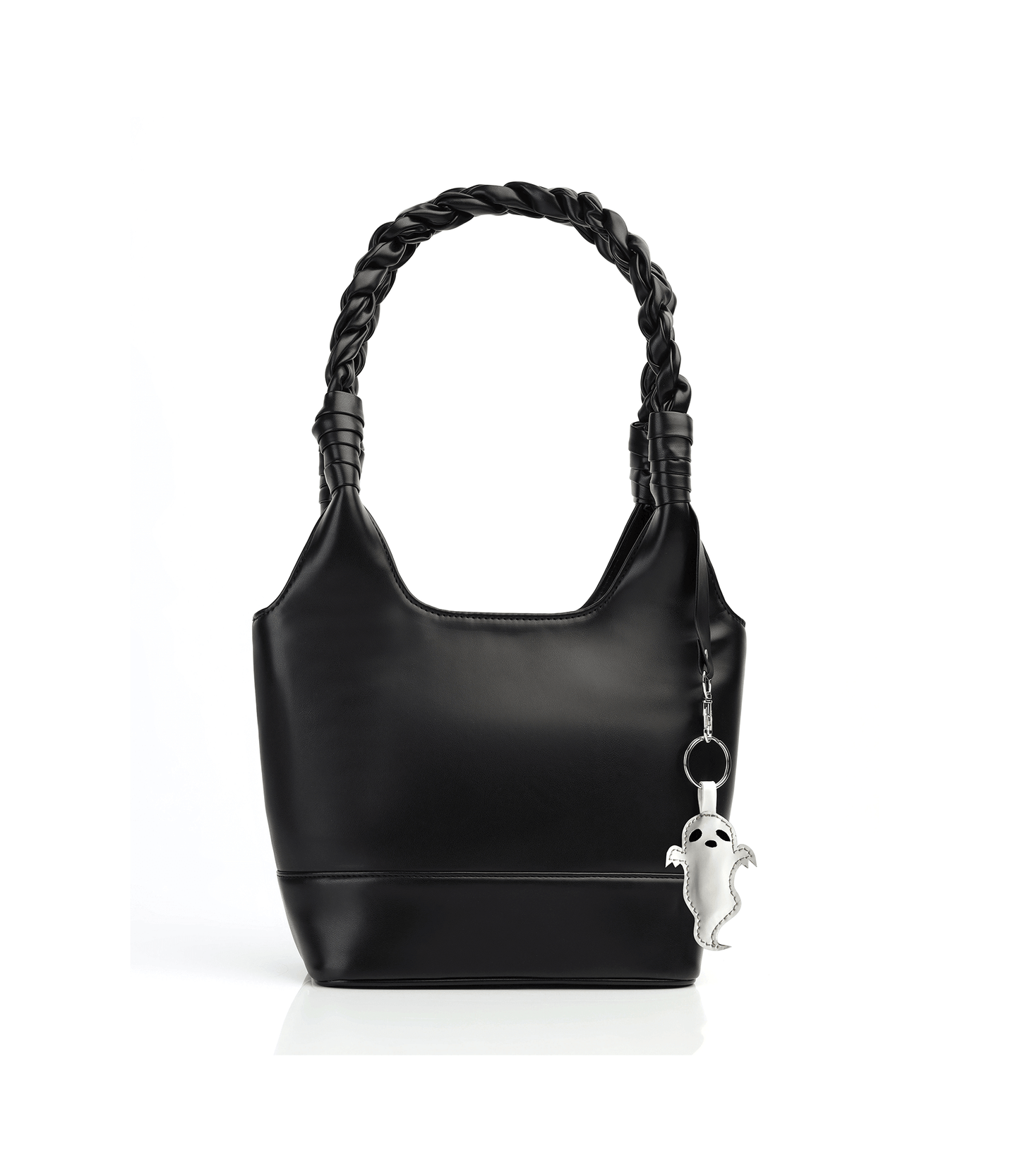 Women's Black Faux Leather Shoulder Bag with Braided Strap
