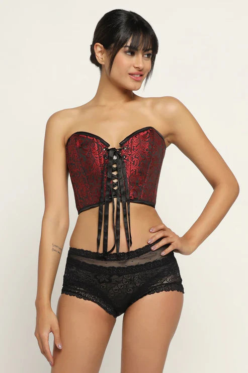 Girl wearing black and red corset top