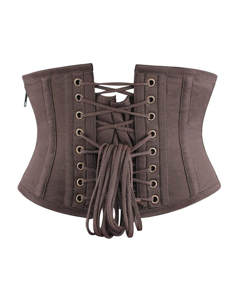Brown corset with lace-up front on a white background