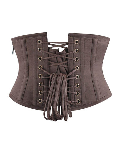 Brown corset with lace-up front on a white background