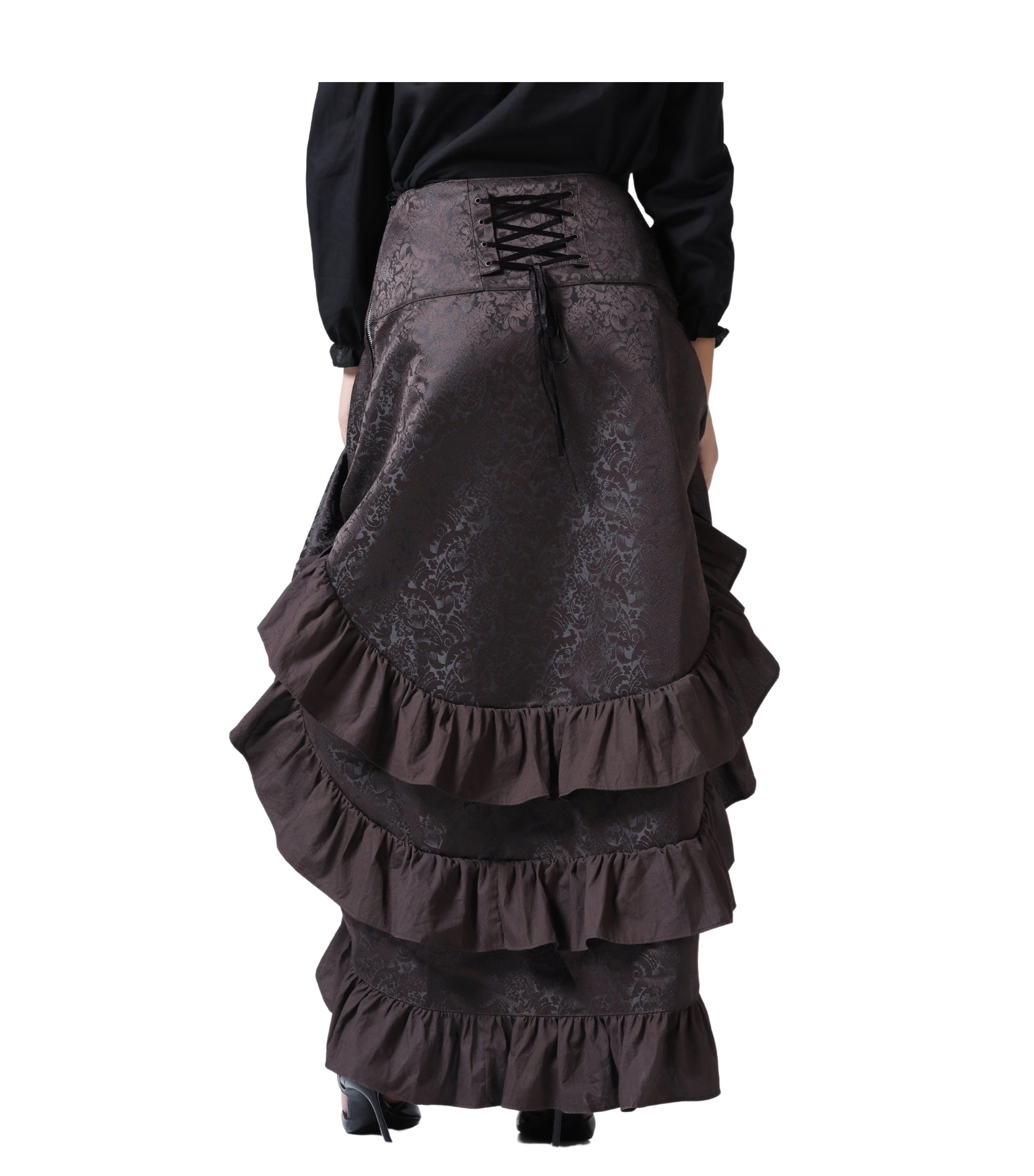 Coffee Brown Brocade Ruched High-Low Steampunk Skirt