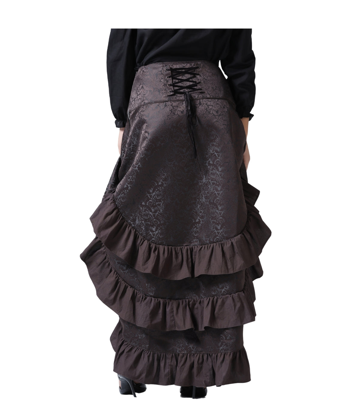 Coffee Brown Brocade Ruched High-Low Steampunk Skirt
