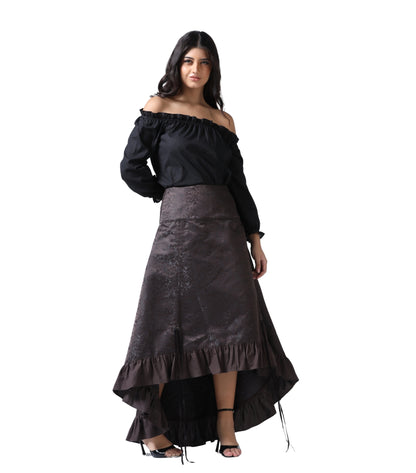 Coffee Brown Brocade Ruched High-Low Steampunk Skirt