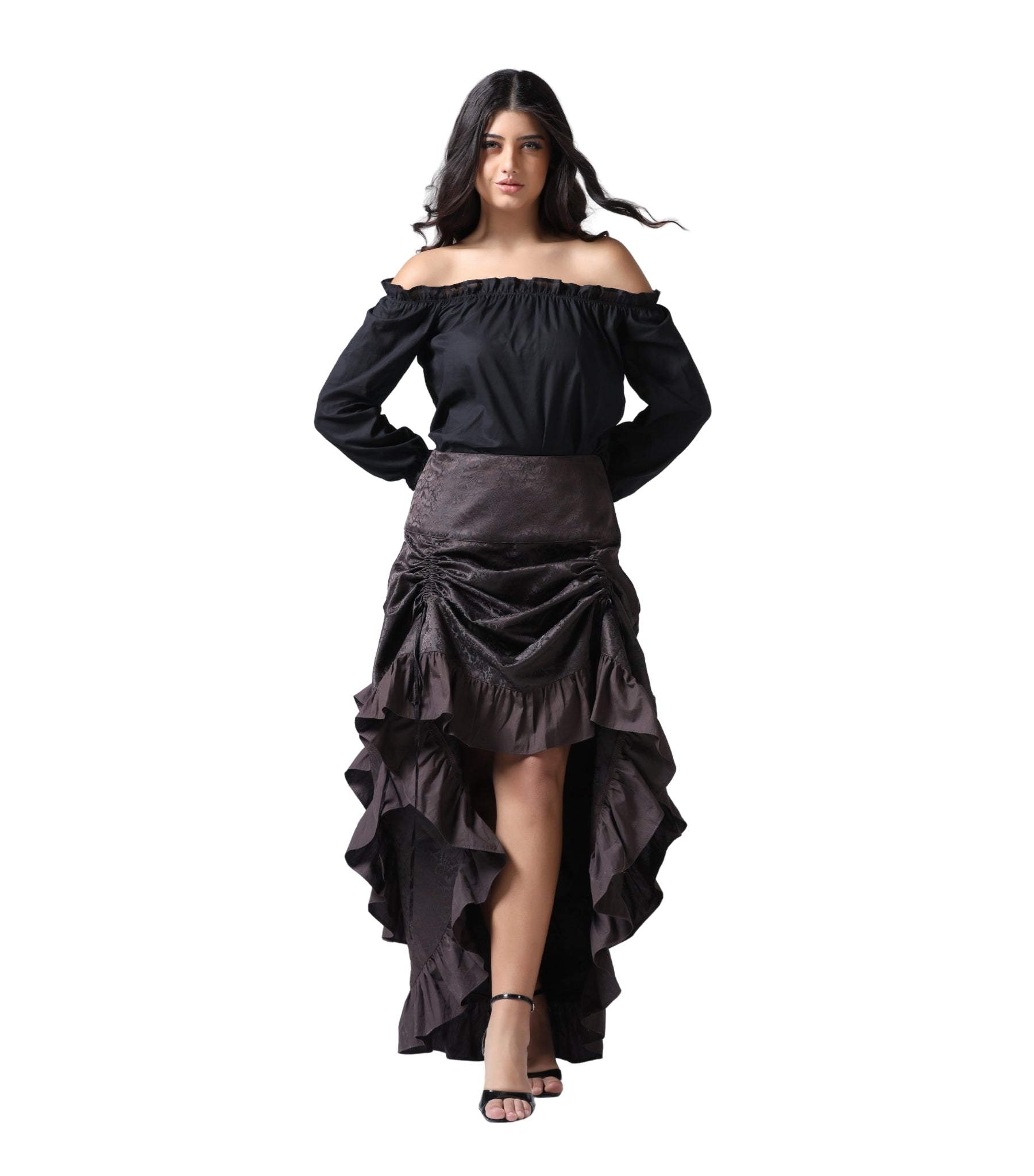 Coffee Brown Brocade Ruched High-Low Steampunk Skirt