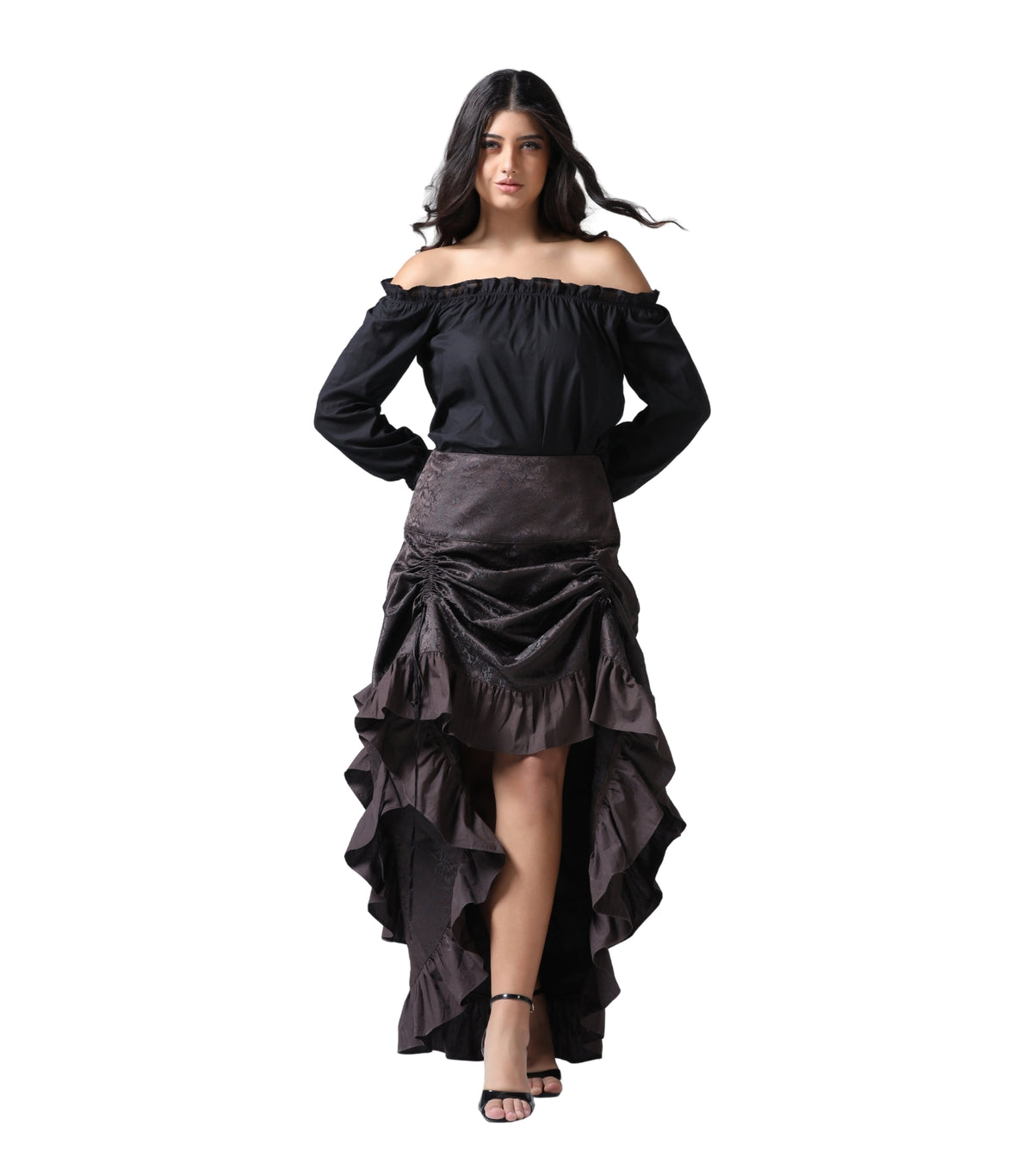Coffee Brown Brocade Ruched High-Low Steampunk Skirt