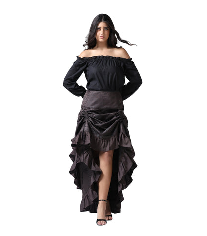 Coffee Brown Brocade Ruched High-Low Steampunk Skirt