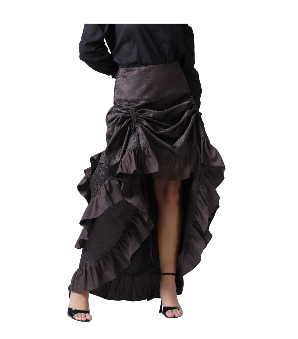 Coffee Brown Brocade Ruched High-Low Steampunk Skirt