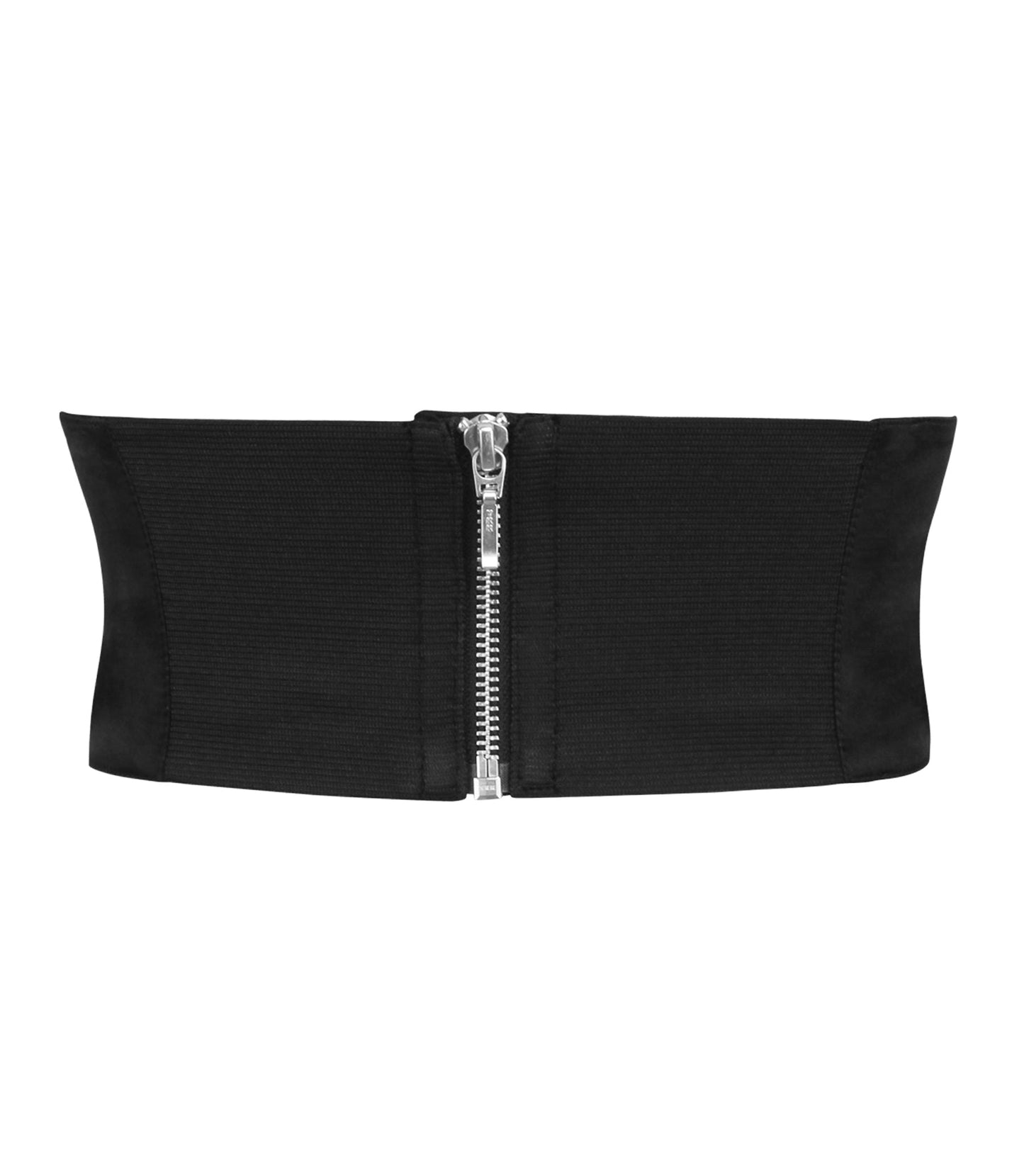 A black waist trainer belt with a central silver zipper, shown flat against a white background.
