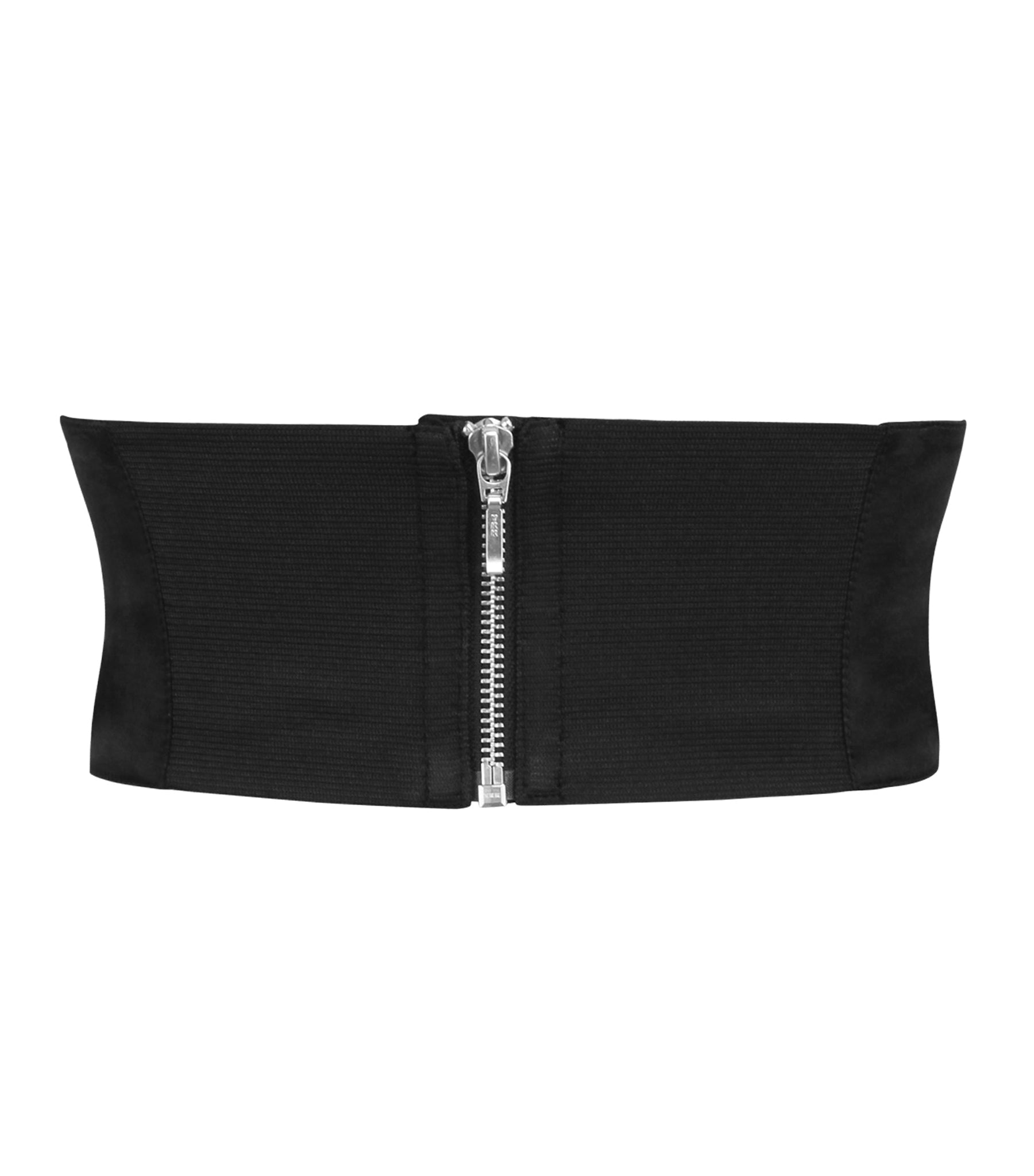 A black waist trainer belt with a central silver zipper, shown flat against a white background.