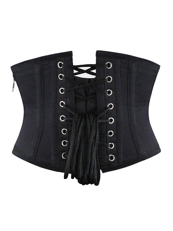 Black waist trainer with lace-up details on a white background