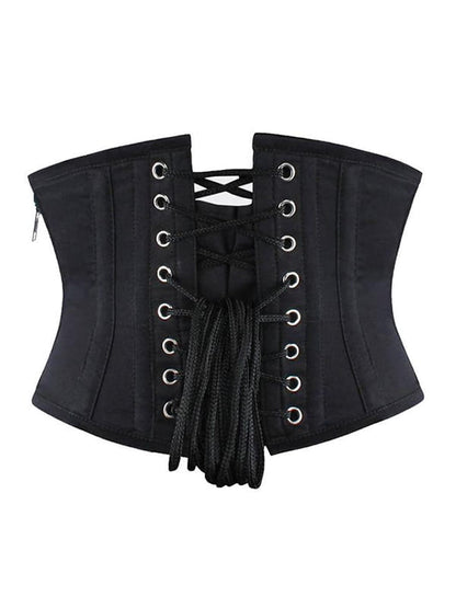 Black waist trainer with lace-up details on a white background