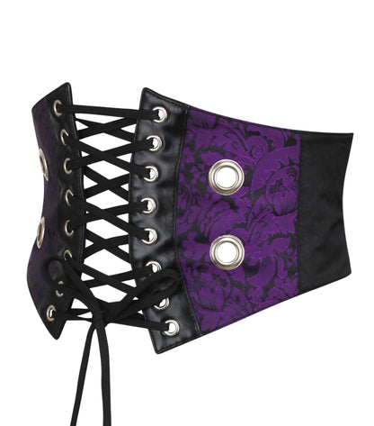Women's Purple Floral Brocade Front Lace Corset Belt | Gothic Underbust Waist Cincher with Large Eyelets & Easy Back Zip
