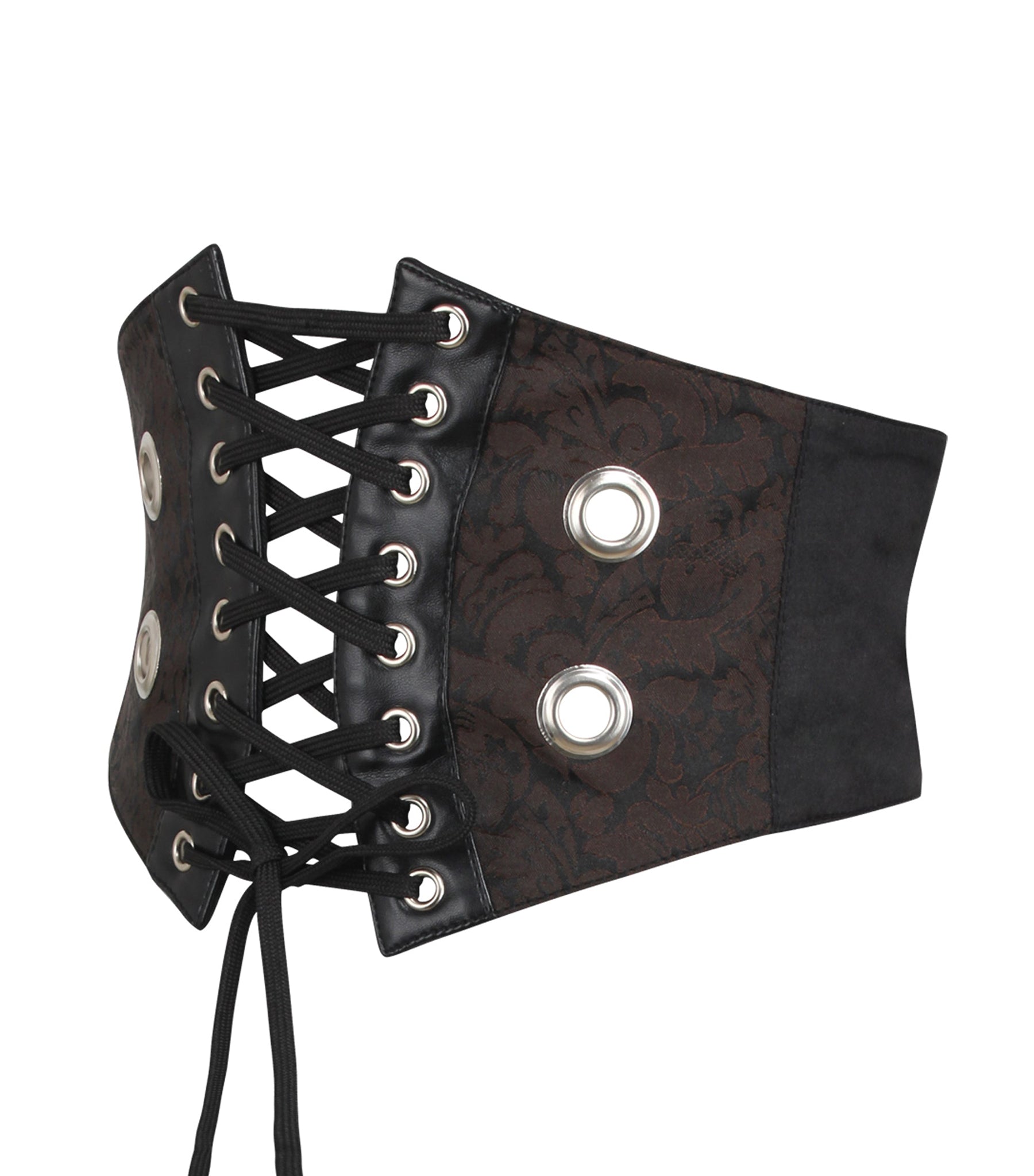 Women's Dark Brown Brocade Front Lace Corset Belt | Steampunk Underbust Waist Cincher with Large Eyelets & Easy Back Zip