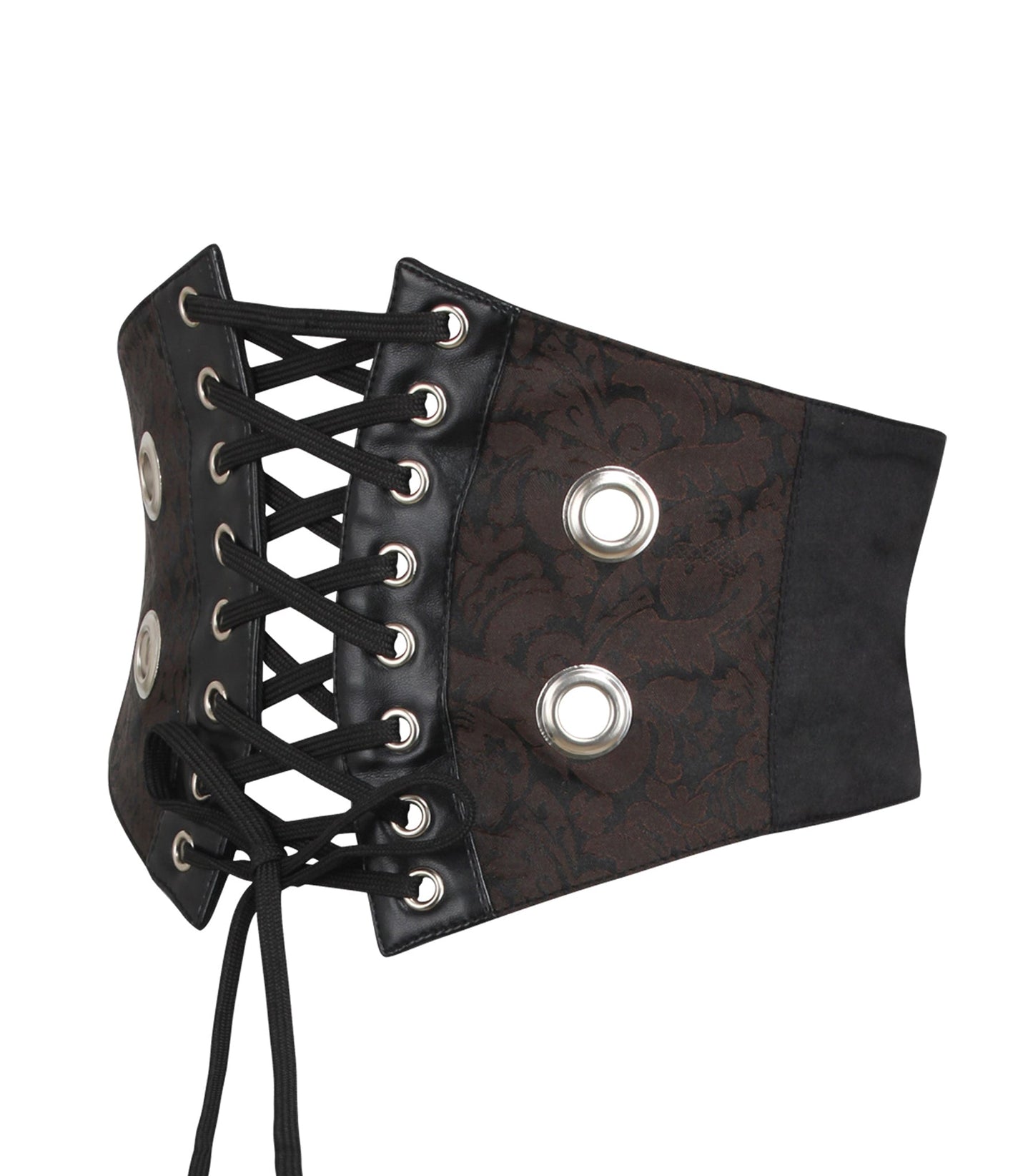Women's Dark Brown Brocade Front Lace Corset Belt | Steampunk Underbust Waist Cincher with Large Eyelets & Easy Back Zip