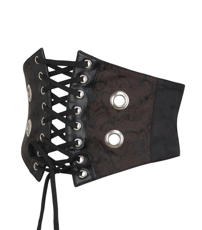 Women's Dark Brown Brocade Front Lace Corset Belt | Steampunk Underbust Waist Cincher with Large Eyelets & Easy Back Zip