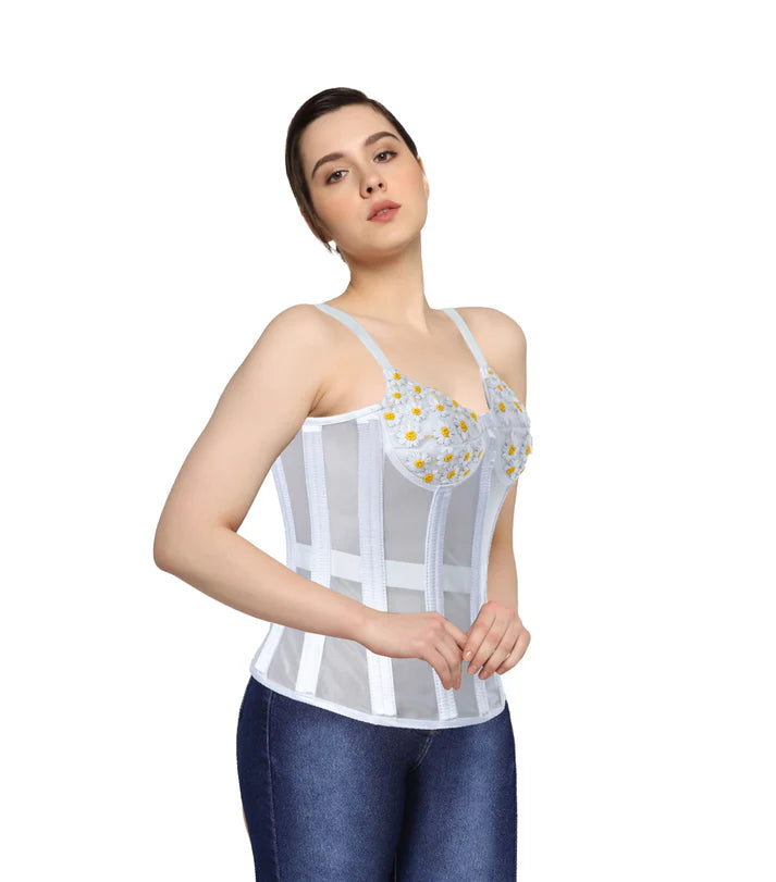 White Floral Mesh Embroidery Top