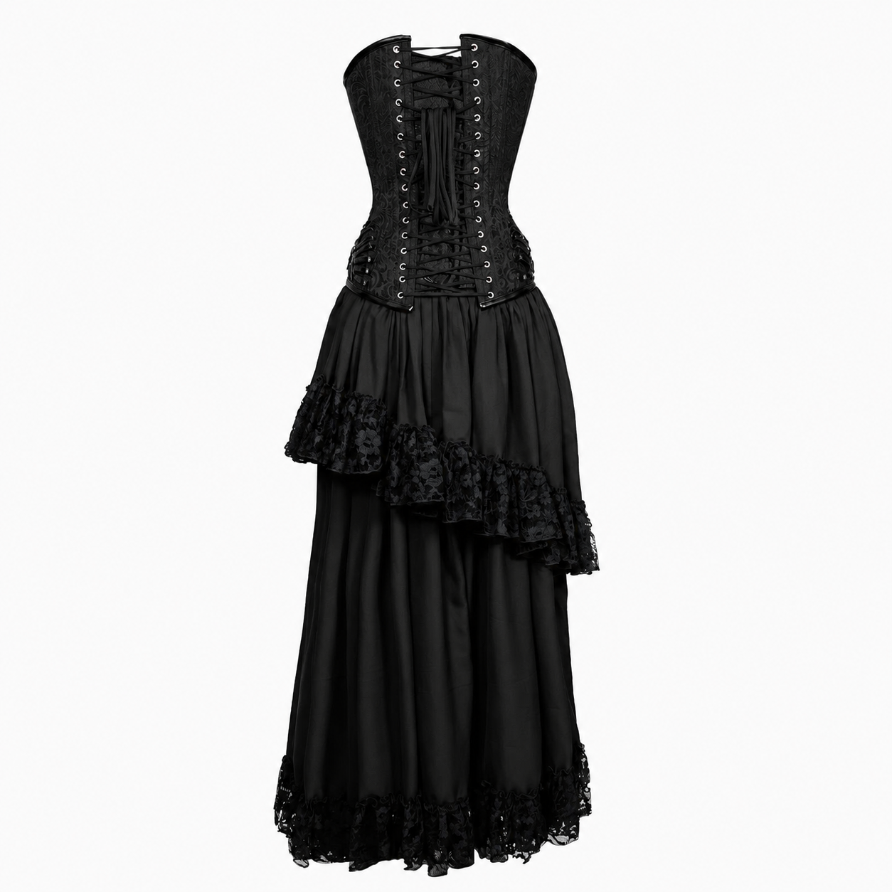 A black gothic-style maxi dress with a lace-up corset bodice, layered ruffled skirt, and lace trim, shown against a plain white background.