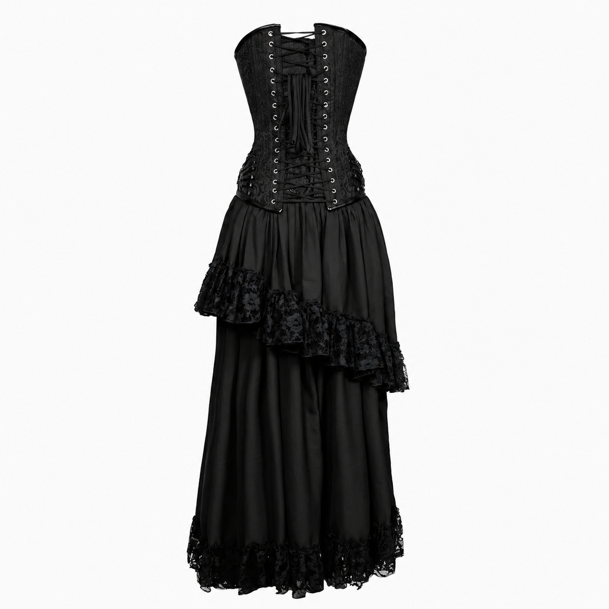 A black gothic-style maxi dress with a lace-up corset bodice, layered ruffled skirt, and lace trim, shown against a plain white background.