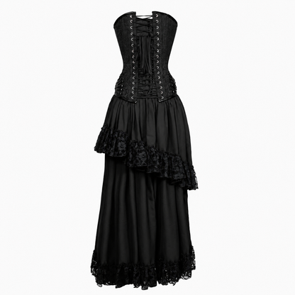A black gothic-style maxi dress with a lace-up corset bodice, layered ruffled skirt, and lace trim, shown against a plain white background.
