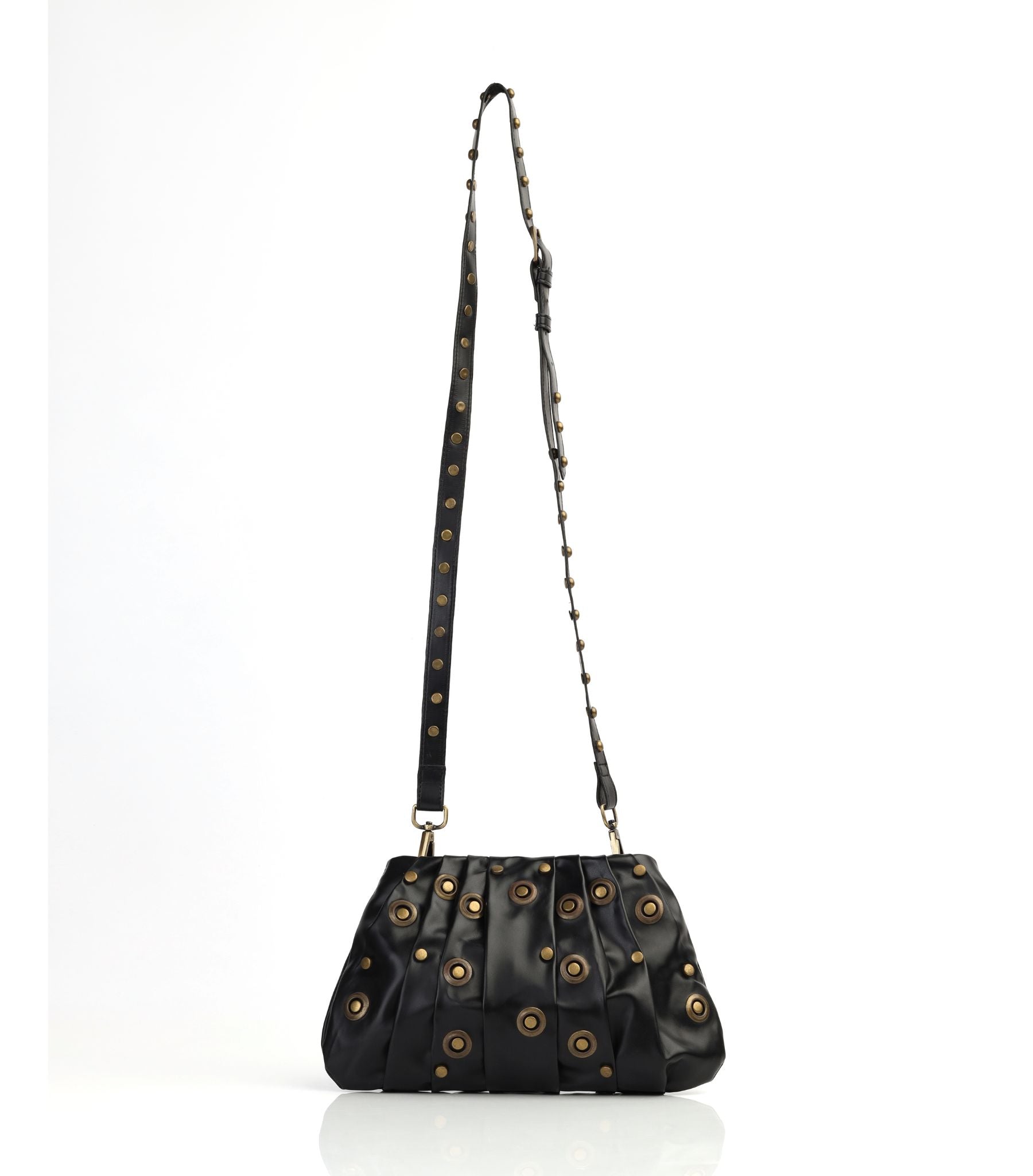 Studded Black Leather Clutch Purse with Matching Strap