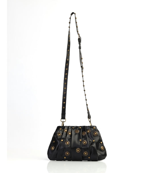 Studded Black Leather Clutch Purse with Matching Strap