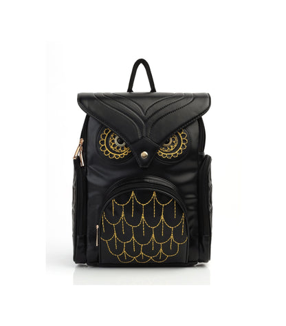Owl Embroidered Black PU Leather Trendy Mini Backpack