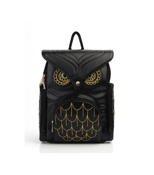 Owl Embroidered Black PU Leather Trendy Mini Backpack