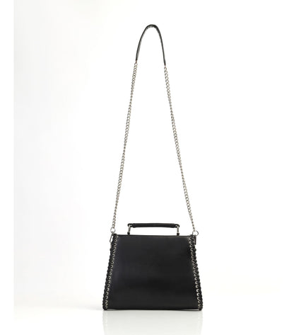 Floral Hand-Embroidered Black Faux Leather Top Handle Bag with Eyelet Design