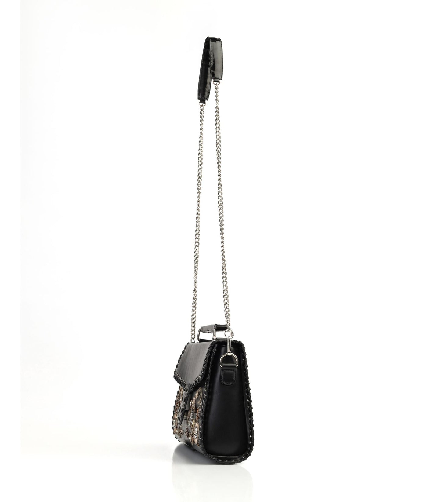 Floral Hand-Embroidered Black Faux Leather Top Handle Bag with Eyelet Design