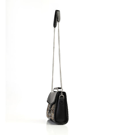 Floral Hand-Embroidered Black Faux Leather Top Handle Bag with Eyelet Design