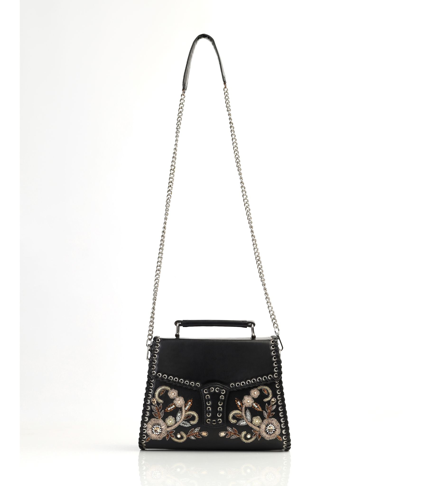Floral Hand-Embroidered Black Faux Leather Top Handle Bag with Eyelet Design