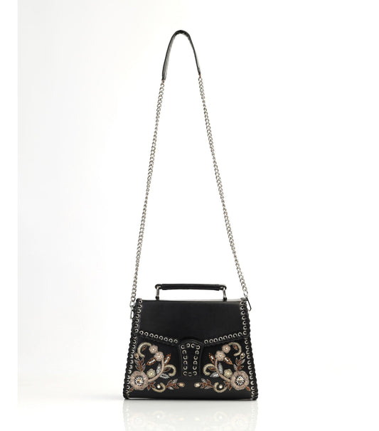 Floral Hand-Embroidered Black Faux Leather Top Handle Bag with Eyelet Design