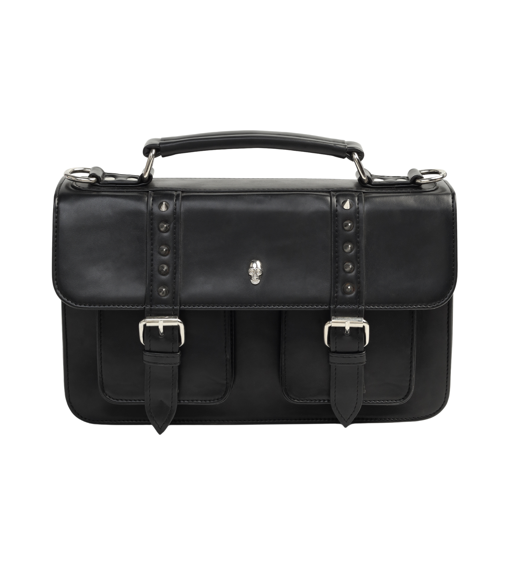 Black leather briefcase with silver buckles on a white background