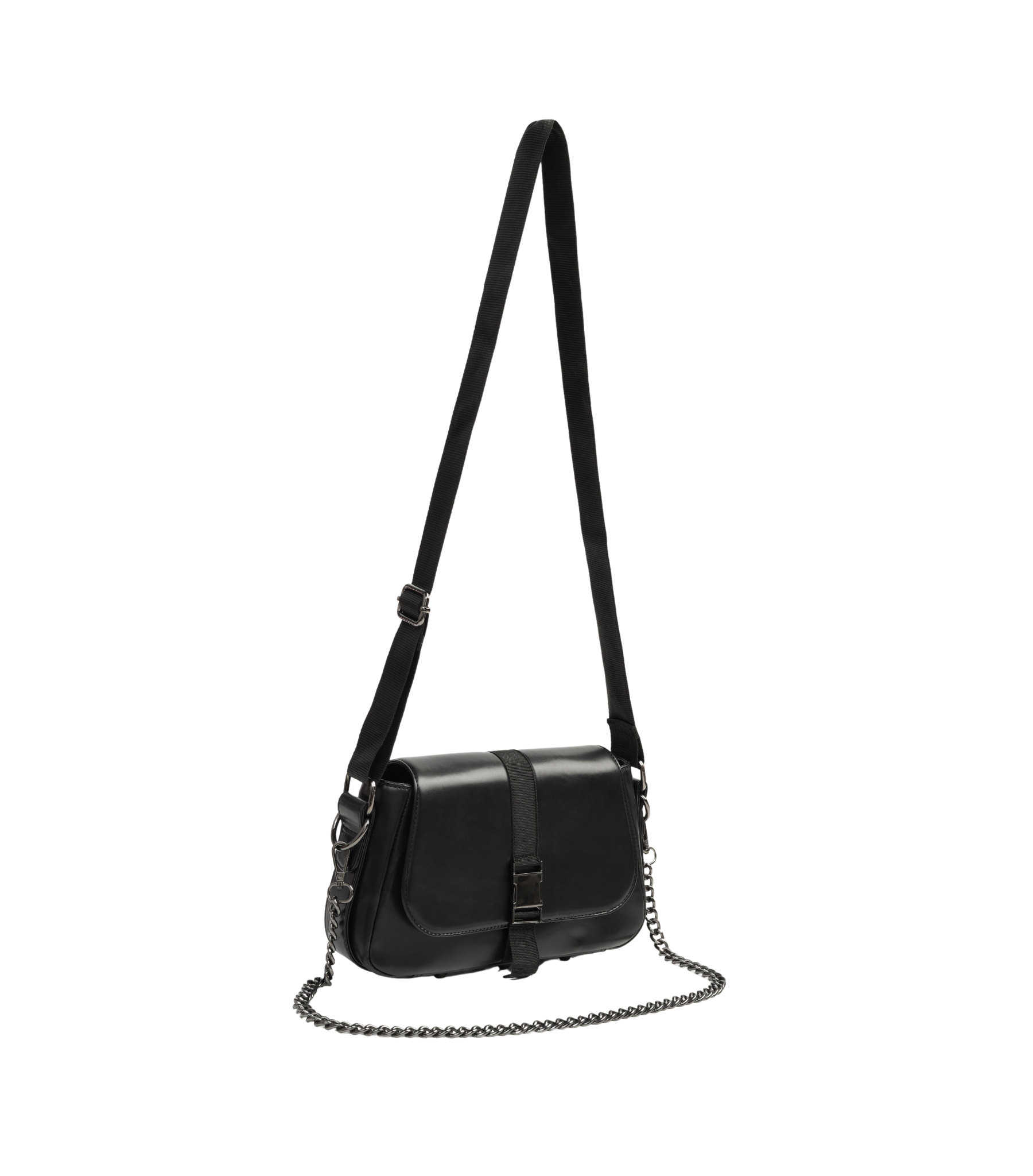 Black handbag with a chain detail on a white background